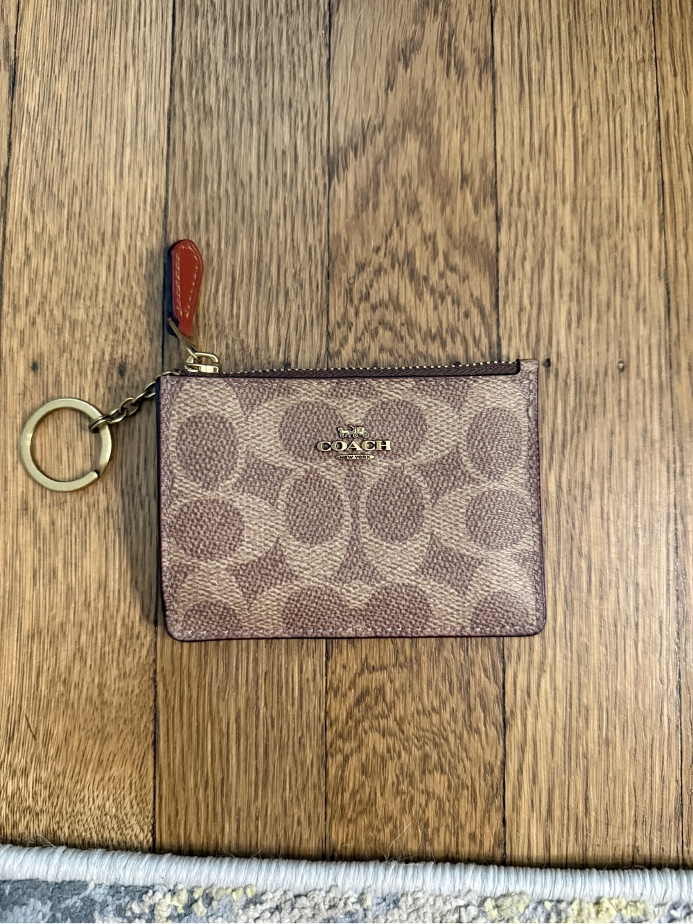 Coach Tan & Brown Signature Zip Card Case Keyring